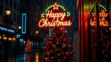 Christmas tree with ornaments, lit by neon signs that say "Happy Christmas," in a city street at night
