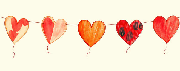 Fototapeta premium Garland of hearts. Symbol of love and Valentine's Day. Illustration, garland of hearts on a rope, on a light background with copy space
