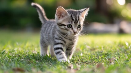 A playful gray tabby kitten exploring a lush green lawn.
