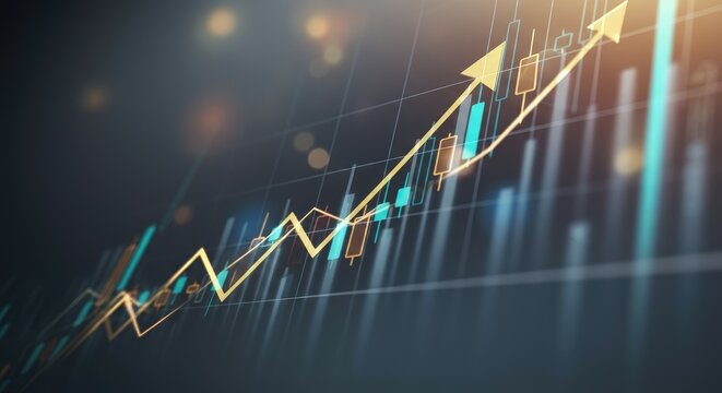 Rising line graph with glowing arrows indicates financial growth and positive trends