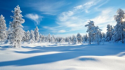 Obraz premium Beautiful winter scene featuring snow-laden trees under a bright blue sky, capturing the essence of a tranquil snowy landscape.