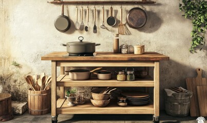 Wooden kitchen cart featuring mocha mousse cookware and rustic utensils.