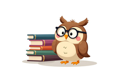 Obraz premium Cartoon owl wearing glasses standing next to a stack of books
