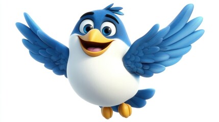 Happy blue bird cartoon character flying with wings spread wide, isolated on white background.