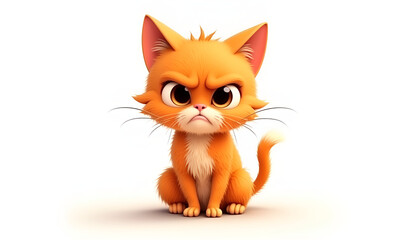 Fototapeta premium Cute orange cartoon cat with an angry expression sitting on a white background