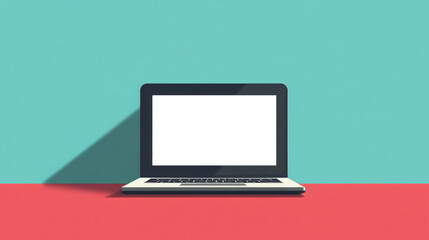 laptop with blank white screen stands on table in room, space for text, copyspace, mockup, computer, display, flat illustration