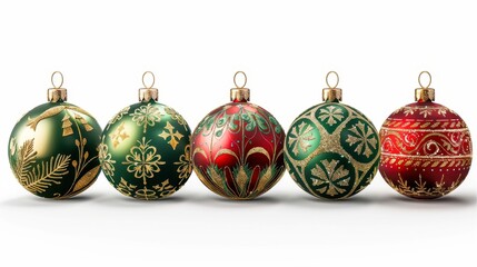 Colorful, decorative Christmas ornaments arranged in a row, showcasing intricate designs, Ideal for holiday-themed projects, marketing materials, or seasonal decor inspiration,