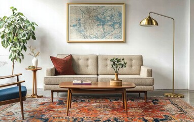 A mid-century modern living room with a vintage-inspired sofa, teak coffee table, and brass floor lamp