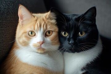 Two adorable cats, one orange and white, the other black and white, snuggled closely together, exuding warmth and companionship, Ideal for pet blogs, greeting cards, or social media posts,