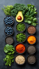 Vibrant Assortment of Fresh Fruits, Vegetables, and Grains Highlighting Healthy and Organic Nutrition on a Dark Background