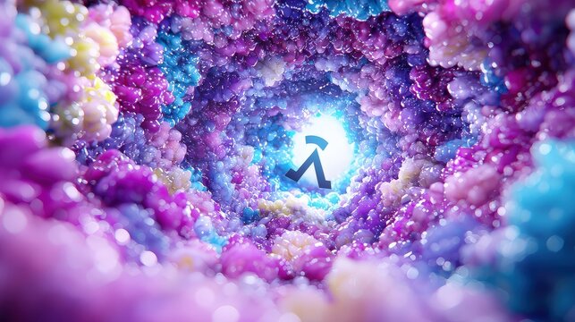 Stylized black lambda symbol floats in the center of a vibrant multicolored tunnel made of soft cloudlike spheres and glowing light.