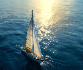 A yacht with white sails, top view, sails on the open sea