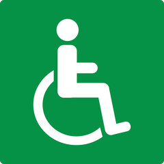 Green sign assembly point for people with disabilities. Designates a safe place where people with limited mobility can gather in an emergency while waiting for help to evacuate. Safety first.