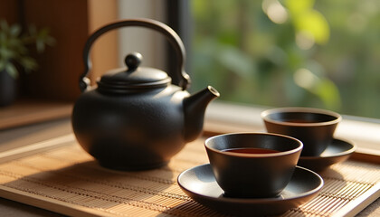 Fototapeta premium Elegant teapot and cups set on a bamboo mat with warm sunlight filtering through a window