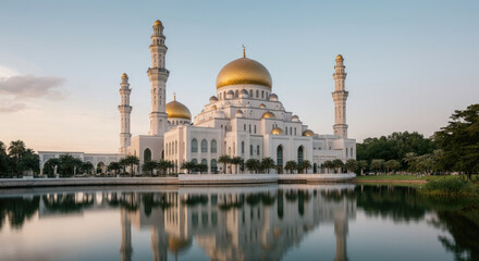 Obraz premium Beautiful golden-domed mosque reflected in serene water at sunset