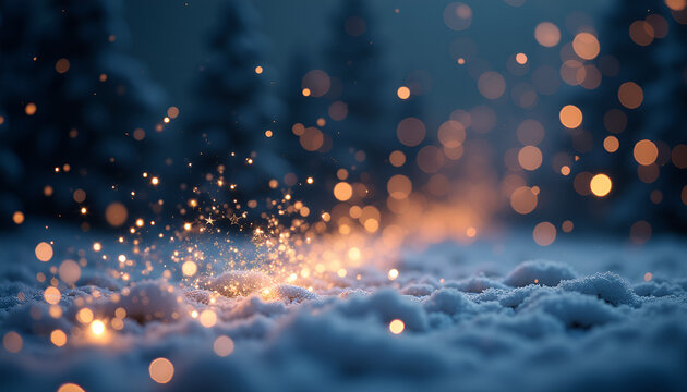 Magical bokeh lights sparkling on a snowy ground in a tranquil winter wonderland