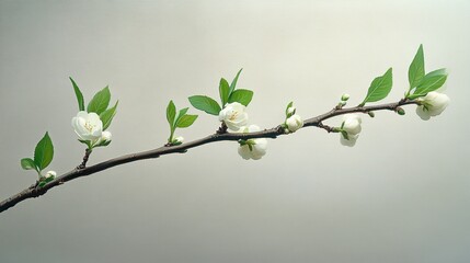 Branch with Buds and Unopened Spring Flowers on White Background