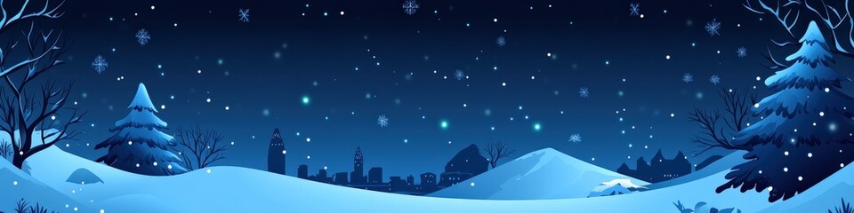 Fototapeta premium Starry Night Sky Over Snow-Covered Trees and Hills in Winter Landscape with Glittering Stars, Snowflakes, Calm Atmosphere, and Tranquil Nature Scene