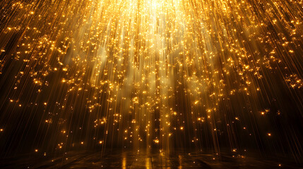 Naklejka premium Golden light rays and sparkles cascade down, creating a magical, celebratory atmosphere. Perfect for backgrounds, luxury, or celebratory designs.