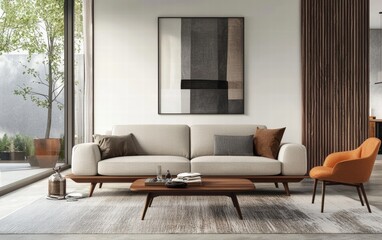 A sleek mid-century modern sofa with clean lines, neutral fabric, and tapered wooden legs