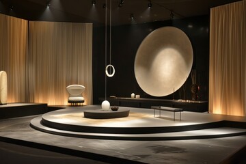 Obraz premium A beautifully designed modern minimalist interior featuring elegant lighting, sculptural elements, and a sophisticated ambiance.