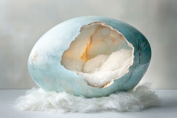 A beautifully cracked blue egg reveals a soft, white interior, resting on a fluffy base, This artistic representation can symbolize new beginnings or creativity
