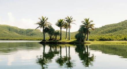 Obraz premium Small island with palm trees reflected in calm, clear lake surrounded by lush greenery and hills