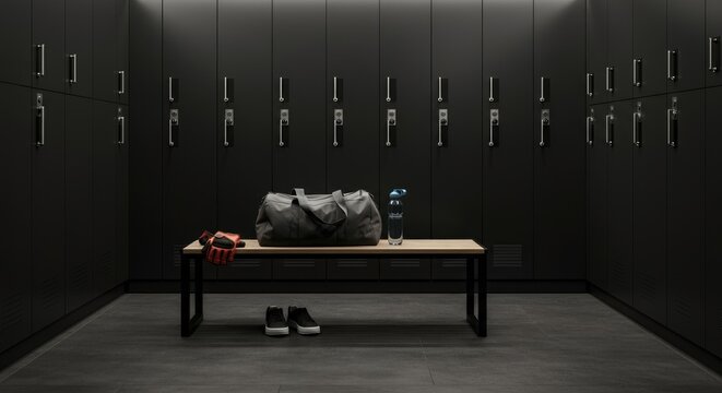 Modern locker room with lockers, bench and sports gear