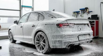 Silver sedan covered in white foam soap during car wash at indoor facility