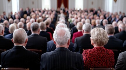 Large audience seated in a formal hall, viewed from behind.