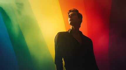 Man poses confidently in front of a vibrant rainbow backdrop showcasing pride and individuality during an evening celebration