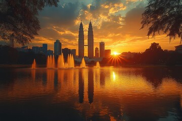 Fototapeta premium Stunning Kuala Lumpur Sunset with Twin Towers Reflection