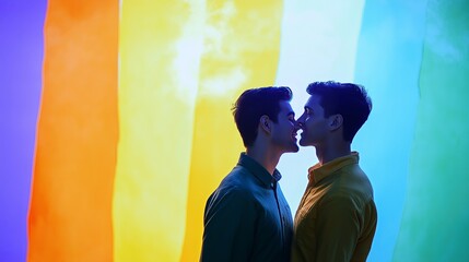 Two men share a tender moment against a vibrant rainbow background in a lively urban setting during a sunny afternoon