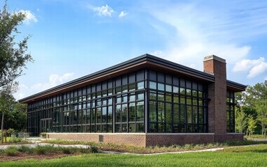 Fototapeta premium An industrial-style house exterior with steel cladding, large windows, and a brick foundation