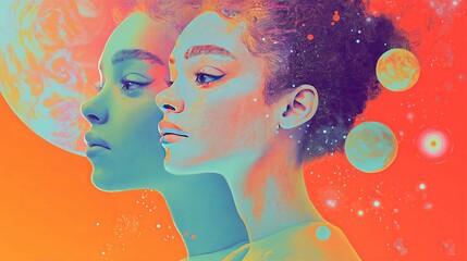 Two ethereal figures gaze into the cosmos against a vibrant celestial background, exploring themes of identity and the universe in a surreal artistic representation