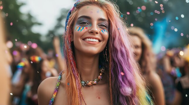 Smiling young woman with colorful hair and face paint enjoys vibrant outdoor festival with crowd during sunny day