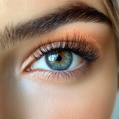 Fototapeta premium Close-up shot of a stunning blue eye showcasing beautifully defined eyelashes and a subtle makeup look, ideal for beauty and cosmetic product advertisements, skincare promotions
