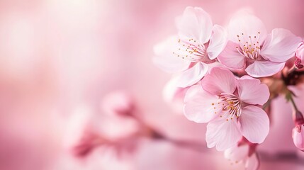 Obraz premium Soft pink cherry blossoms on a blurred sakura background, close-up shot, Minimalist style