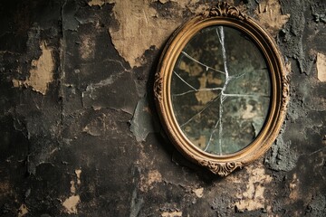 Fototapeta premium A round vintage mirror with cracked glass hangs on a distressed, textured wall, creating a rustic and antique atmosphere.