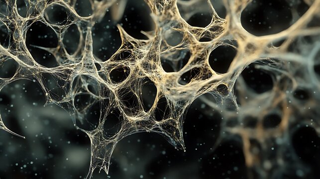 Abstract network structure, golden nodes and lines, dark background.