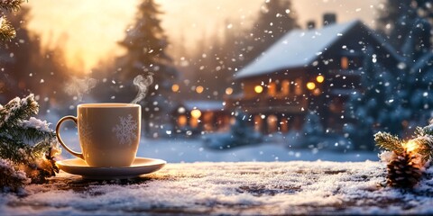 Obraz premium A cup of coffee is sitting on a table outside in the snow. The snow is falling and the sky is a beautiful orange color. The scene is peaceful and serene