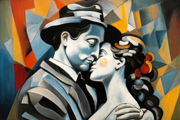 Romantic Embrace: A Cubist-Inspired Portrait of a Lover's Kiss
