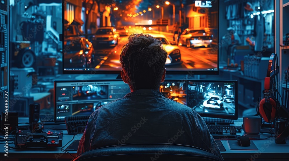 Poster a professional is working on his office desk. the background environment is a gaming scene from a ra