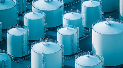 A detailed perspective of oil refinery plant storage tanks, showing the texture of metal, with clear reflections of the surrounding structures. 