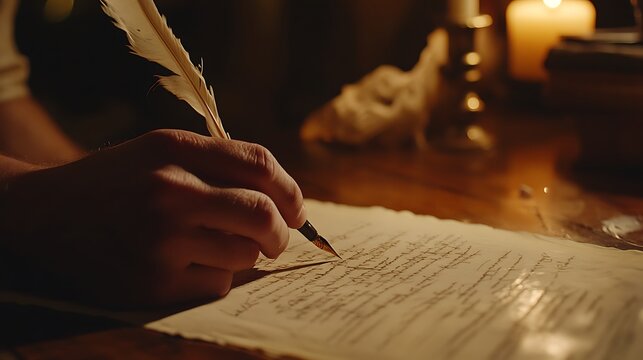 Close-up of a person's hands writing with a quill pen on parchment paper in dim light.