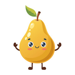 Cute pear vector character. Juicy ripe fruit in cartoon style for packaging design and prints.