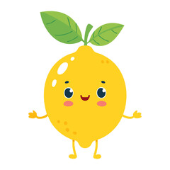 Obraz premium Cute lemon vector character. Juicy ripe fruit in cartoon style for packaging design and prints.