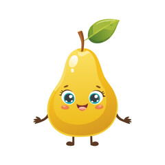 Cute pear vector character. Juicy ripe fruit in cartoon style for packaging design and prints.