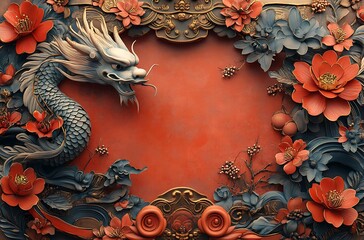 Obraz premium Dragon Sculpture Adorned with Flowers and Leaves.