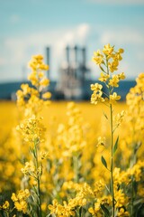 Obraz premium Bright yellow flowers bloom in a field with industrial buildings in the background during a sunny day